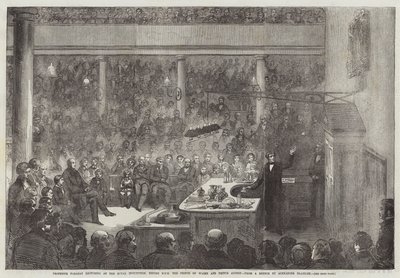 Professor Faraday geeft een lezing aan de Royal Institution, voor ZKH de Prins van Wales en Prins Albert door Alexander Blaikley